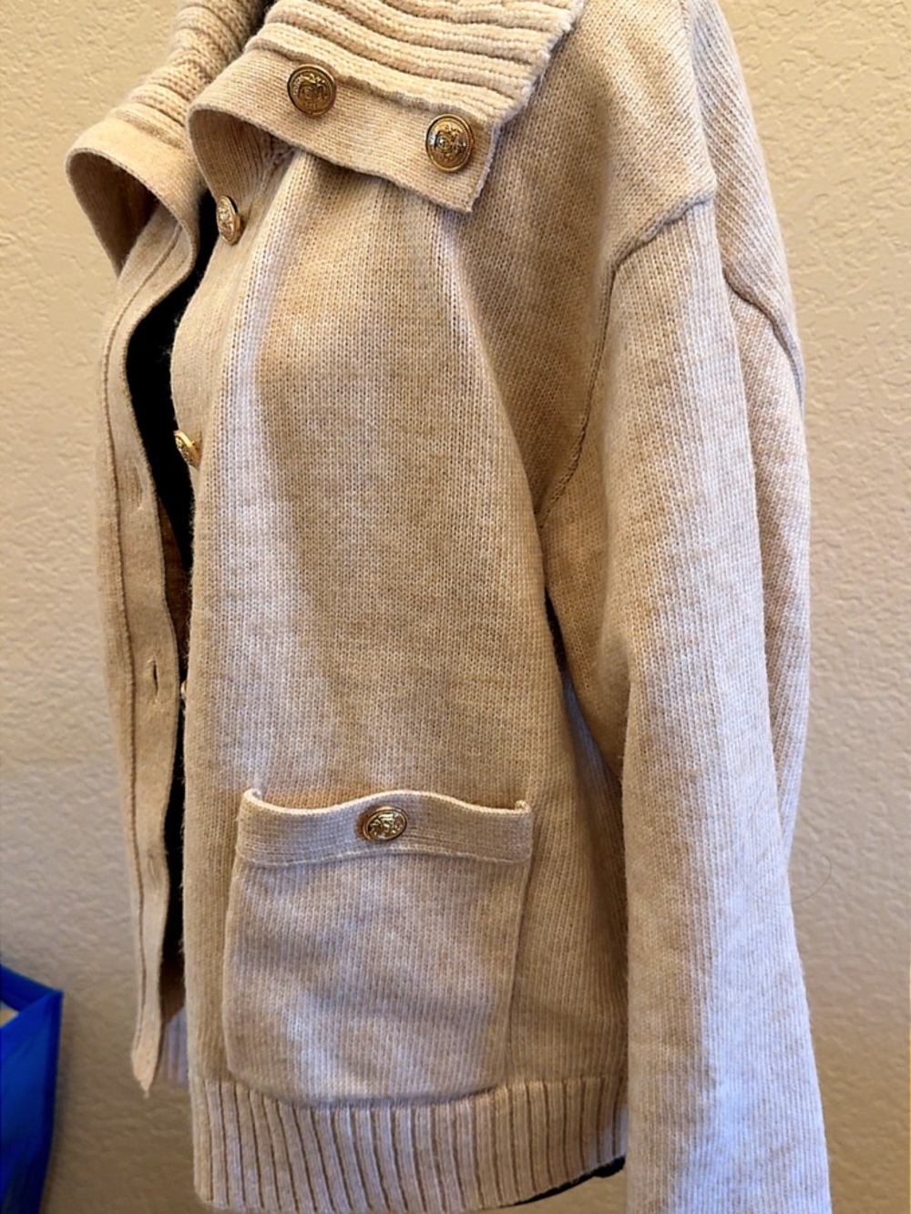 Marc New York Beige Knit Button-Front Jacket with Ribbed Collar - Picture 8 of 9
